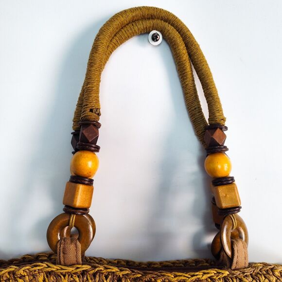 Boho Vintage Toyo Straw Woven Bag Wooden Beads Leather Handles 12"x8" Natural - Picture 3 of 11